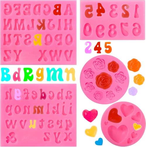 AUFXKOO 5PCS Letter Number Molds for Chocolate, Heart Shape Flower Silicone Fondant Molds, Cake Decorating Candle Chocolate Candy Dessert