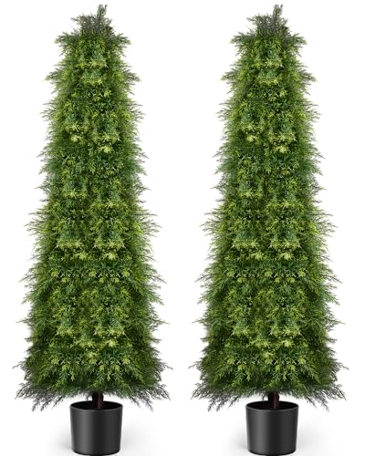 Image of 2 Pack 6ft Artificial Cedar Topiary Trees, Outdoor Artificial Plants for Front Porch Decor, Artificial Shrubs Fake Plants Uv Rated Potted Plants for Outdoor, Indoor, Front Door, Office.
