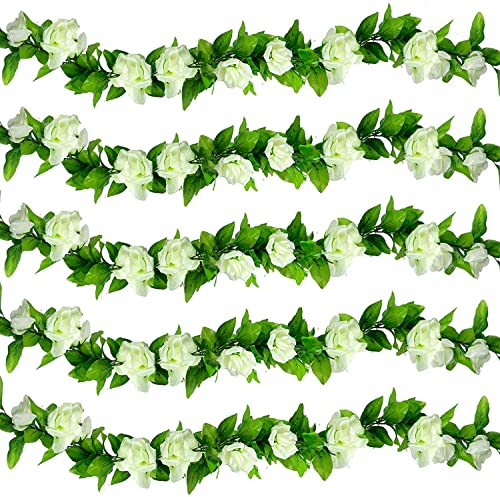 ASHINER 5 Pièces Fleurs Artificielles Deco, Fleur Artificielle Guirlande de Rose Decoration Mariage pour Murs, Jardin, Salon, pour Les d’Anniversaire Intérieur et Extérieur - Blanc Cover