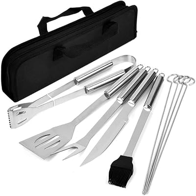 RJ Legend BBQ Grill Tools Set - 9-Piece Stainless Steel with Carrying Case - Perfect Grilling Gift for Men, Dad, Husband - Tongs, Spatula, Fork, Knife, Skewers