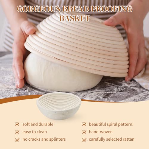 Image of Dimpola Banneton Bread Proofing Basket Banneton Basket Set Sourdough Proofing Basket Round Proofing Bowls Handmade Rattan Baskets and Liners (Round of 1 Gift Set)