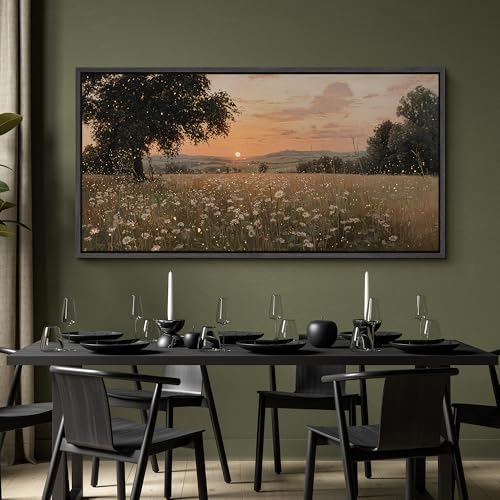 Image of MUDECOR Extra Large Framed Canvas Print Wall Art Golden Sunset Meadow with Wildflowers Warm Landscape Antique Retro Ready to Hang Painting for Living Room Bedroom Multi-Sizes - 60 inchx30 inch