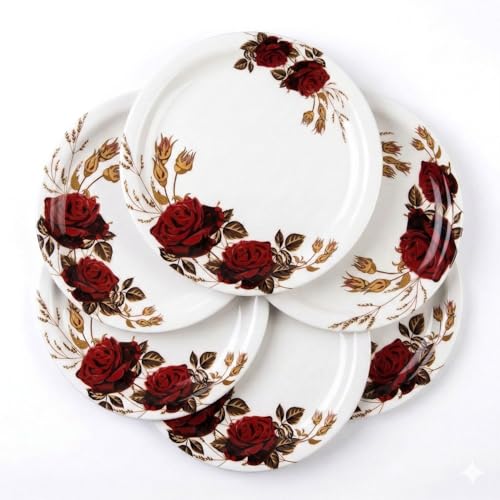 Image of Melamine Quarter Plates | Round Half Plate | Microwave Safe | Break Resistant | Plates for Snacks, Lunch, Dinner | Plates for Home, Office, Restaurant | Set of 6 | 7 Inch's (Red Rose)