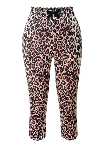 Women's Y2K Leopard Lace Cropped Leggings High Waisted Bowknot Skinny Workout Capri Pants
