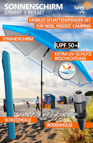 4smile Sonnenschirm Strand 3-IN-1 SET mit Bodenhülse, Ø 180 cm, Himmelblau