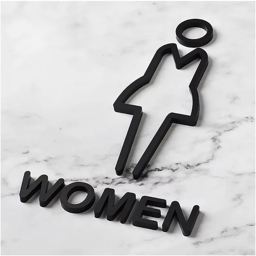 Modern 3D Acrylic Toilet Bathroom Sign - Self-Adhesive WC Door Sticker for Home, Office, Hotel - Black & Gold Elegant Design(B-Black-Women,32x20cm)