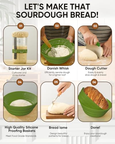 Image of Sourdough Bread Baking Supplies 34 OZ Sourdough starter kit with 2 Bread Proofing Basket - Green