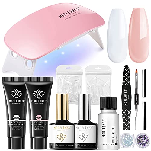 Modelones Kit d'extension pour ongles, 2 pièces Poly Gel Kit d'extension d'ongles avec mini lampe à ongles Solution de glissement Strass Manucure tout-en-un Kit French Nail Art Design débutant Cover