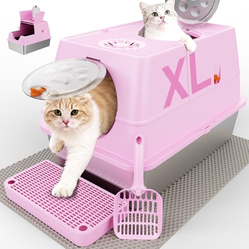 Stainless Steel Litter Box with Lid XL Extra Large Litter Box Enclosed Top Entry Metal Litterbox for Big Cat Easy Cleaning Anti-Leakage & High Sided with Mat Aisle & Scoop Pink