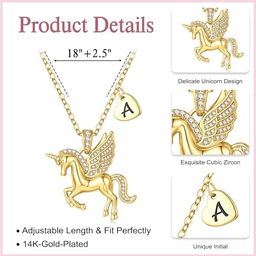 MONOOC Unicorn Gifts for Kids Girls - Unicorn Initial Necklace for Girls | Gift Box Packaging, Birthday Gifts for Kids Girl, 14K-Gold-Plated Necklace, Adjustable Length, Hypoallergenic Necklace — view 5