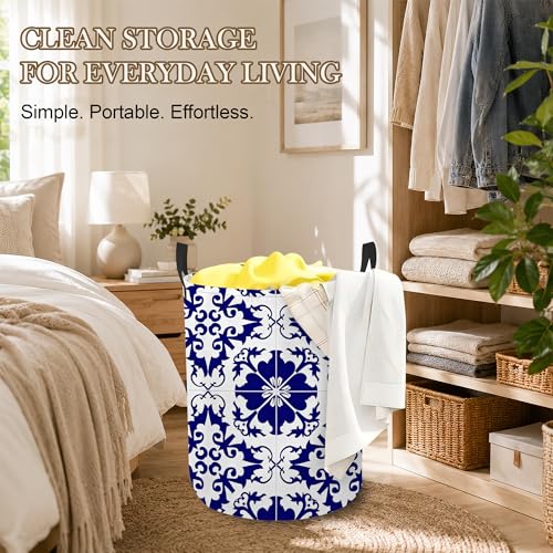 Image of Boho Laundry Basket Oxford Cloth Blue White Tile Laundry Hamper With Handle Foldable Portable Clothes Storage Basket Storage Bag For Laundry Room /Bathroom /Bedroom /Dormitory 20.8 inchx16 inch