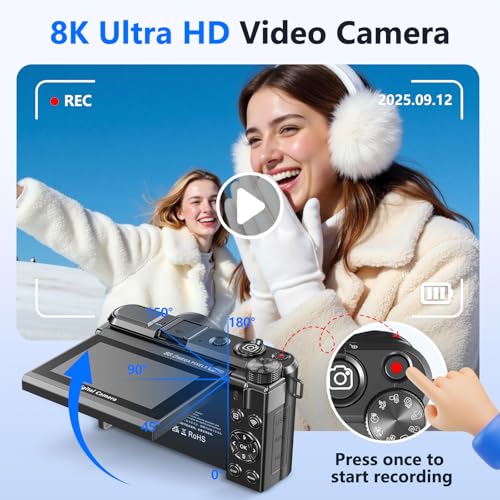 Image of 8K Digital Camera for Photography,88MP HD WiFi Vlogging Camera for YouTube with 3 inch 180 Flip Screen,Autofocus,Compact Camera with 18X Digital Zoom,Flash,32GB TF Card & 2 Batteries(Gunmetal)