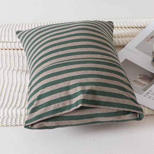 Image of H HOUSEHOLD 2-Pack Pillowcases 100% Cotton Knit Envelope Style, Ultra Soft Breathable Standard 13x18 Inch Pillow Cover, Machine Washable Dark Green and Grey Striped