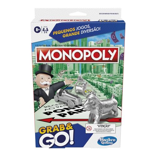 Hasbro Gaming Monopoly Grab and Go, jogo de tabuleiro portátil em plástico com peças de casas e dinheiro, jogos infantis para crianças acima de 8 anos, brinquedos para o Dia das Crianças