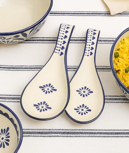 Image of Maya | Hand-Painted Ceramic Spoon Rest - Blue Floral Design, Large Cutlery Holder for Kitchen & Tableware, Pack of 2 (Blue)