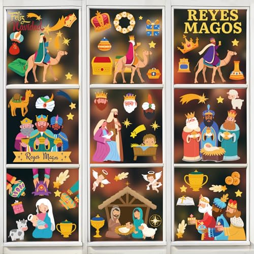 Bigqin 104 Piezas Pegatinas Día de los Reyes Magos, Ventana Película Epifanía Los Reyes Magos Adhesivos para Ventana Calcomanías PVC Reutilizables para Vidrio Decoraciones Vacaciones Invierno