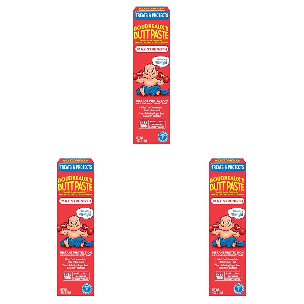 Boudreaux's Butt PasteMaximum Strength Diaper Rash Cream, Ointment for Baby, 4 oz Tube (Pack of 3)
