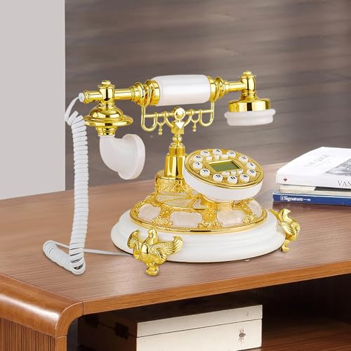 Xuthusman Luxury European Antique Old-Fashioned Rotary Dial Telephone,Hotel/Home Desktop Fixed Phone Resin+Metal (Gold+White)