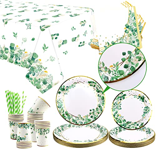 LSJDEER Platos, Platos y Tazas para Baby Shower de Color Verde Salvia, Mantel de 1 Hoja para Suministros de Fiesta temática de Safari en la Jungla, Decoraciones de vajilla para Baby Shower, Sirve 20 Cover