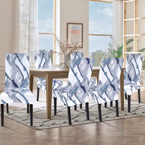 Image of SearchI Printed Dining Room Chair Covers Set of 4, Stretch Kitchen Chair Covers Washable Parsons Chair Slipcover Removable Dining Chair Protectors for Hotel,Ceremony(Blue /White)