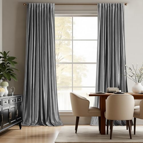 Image of 100% Blackout Grey Velvet Curtains 84 inch Long for Living Room,Elegant 2 Panels Back Tab Thermal Insulated Room Darkening Curtain with Liner Heavy Noice Reducing Soundproof Window Drapes for Bedroom