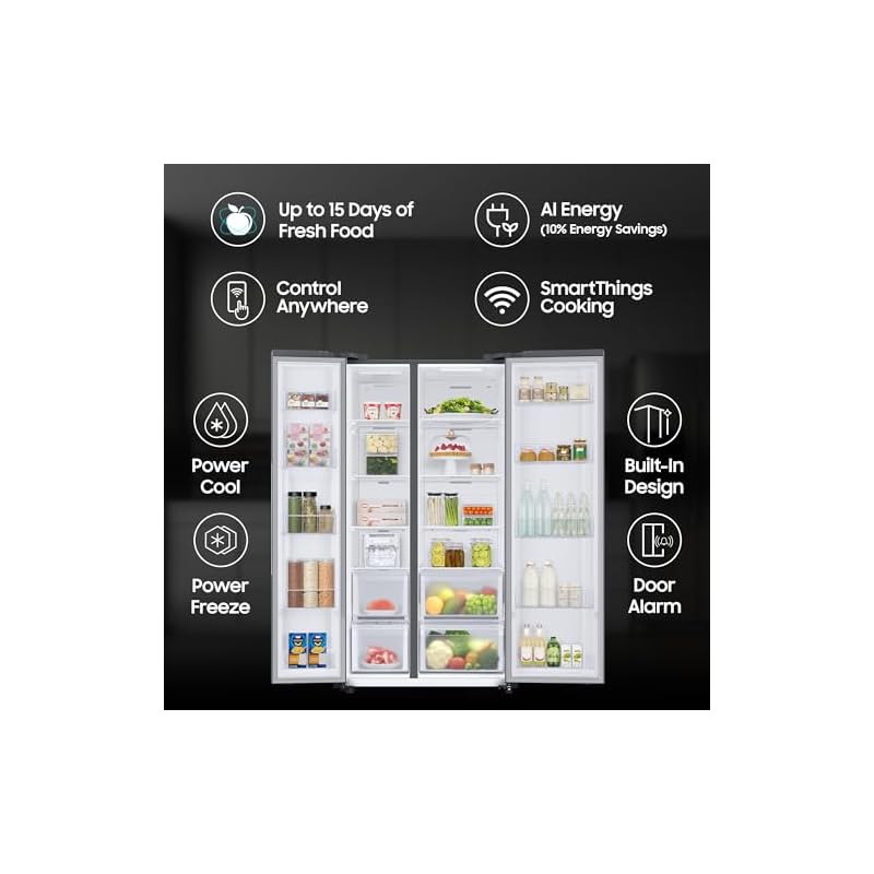 Samsung 653 L, 3 Star, Frost Free Convertible 5-in-1 Digital Inverter, Side By Side WiFi Embedded Refrigerator (RS76CG8003S9HL, Silver, Refined Inox, 2023 Model) - Image 5