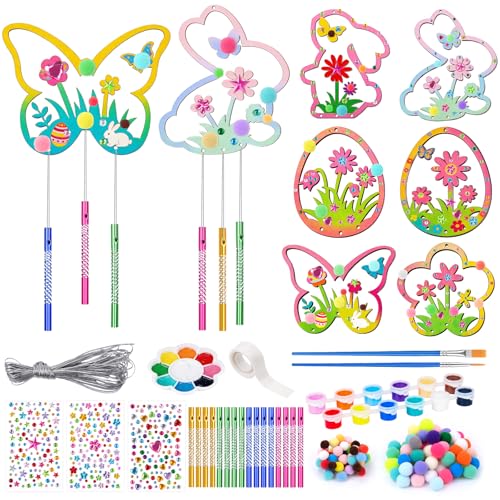Zoyomax Lot de 12 œufs de Pâques en bois à peindre avec pompons, carillons éoliens, ficelle décorative, strass, bricolage avec enfants pour décoration de...