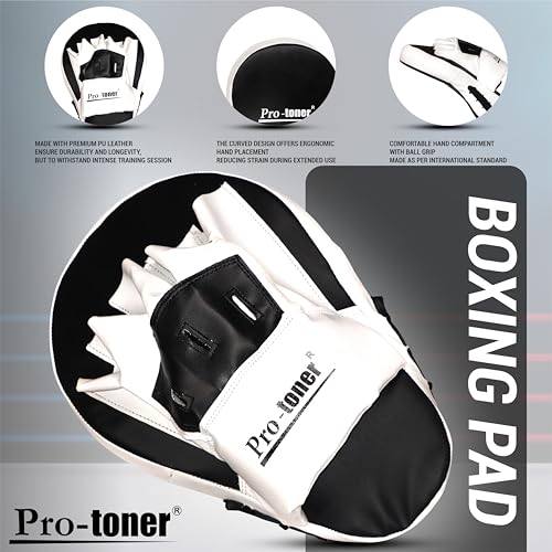 Image of Pro-Toner Boxing Focus Pads, Curved Maya Hide Leather, Hook and Jab Target Hand Pads, Black and White (Black)
