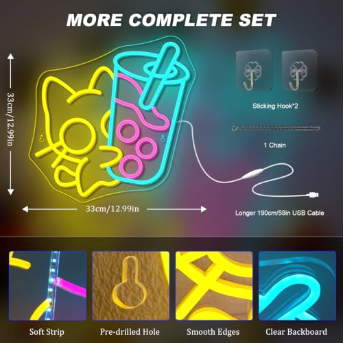 Image of Looklight Cat Boba Tea Neon Sign Yellow Cute Kitty Bubble Tea Neon Signs for Wall Decor LED Neon Light Bar Sign Light Up Signs for Dimsum Store Bar Milk Tea Shop
