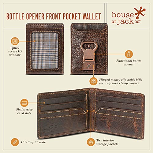 House of Jack Co. Bottle Opener Bifold Money Clip Wallet for Men, Front Pocket Card Holder with Exterior ID Window, Full Grain Cowhide Leather, Brown3