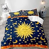 LUVIVIHOME 3PCS Yellow Star Sun and Moon Duvet Cover Queen Bedding Sets, Navy Blue Bedding, Galaxy Celestial Astrology Zodiac Tarot Witchy Indie Boho Aesthetic Bohemian Comforter Cover, 2 Pillow Cases