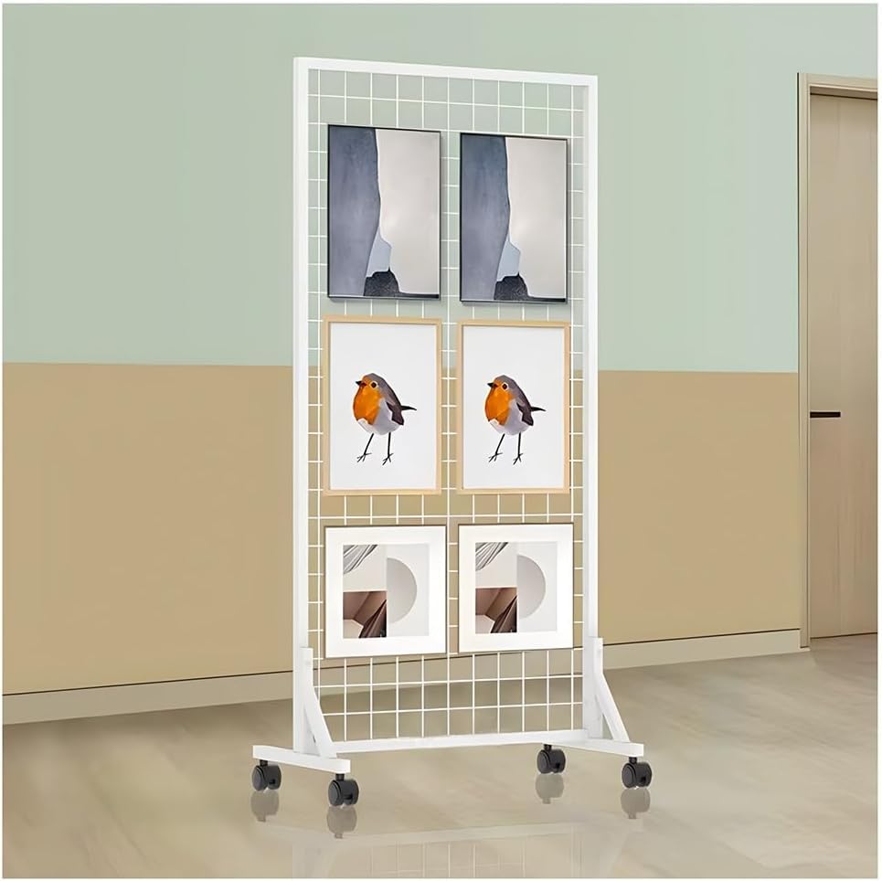 Gridwall présentoir mobile à mailles avec 4 roues et 20 crochets pour boutiques