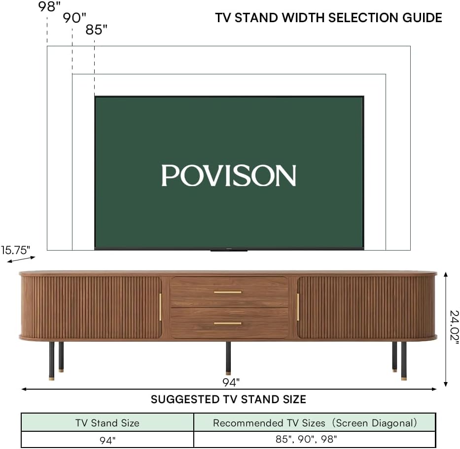 POVISON 94.49" Sliding Tambour Door TV Stand, Fully Assembled Mid Century Modern TV Console, Wood Media Console with Tall-Cast Metal Legs, Entertainment Center with Storage Cabinet for Living Room