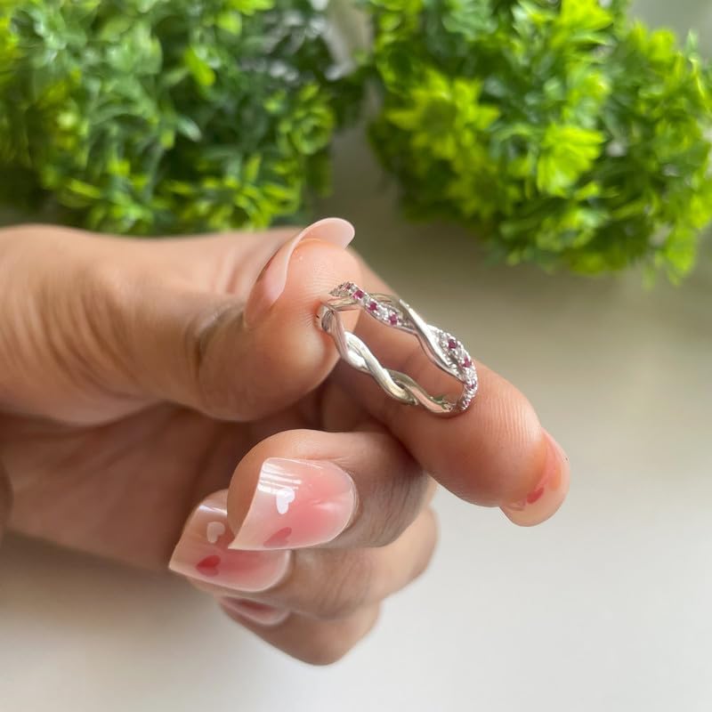 Alternate Red Ruby & White Diamond Twisted Full Eternity Ring For Women, 14k Gold Finish Ruby Swirl Wedding Band, Ladies Crossover Anniversary Band