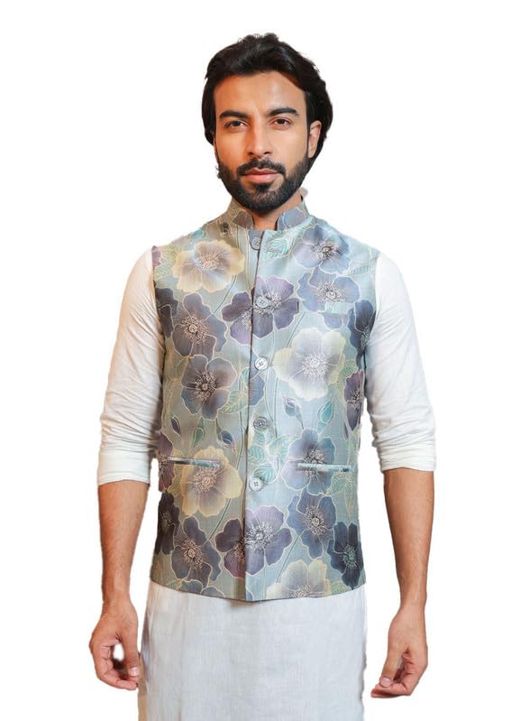 vastraa fusion Men's Digital Print Nehru Jacket In Silk Ethnic Festive Modi Waistcoat Look-picture-28