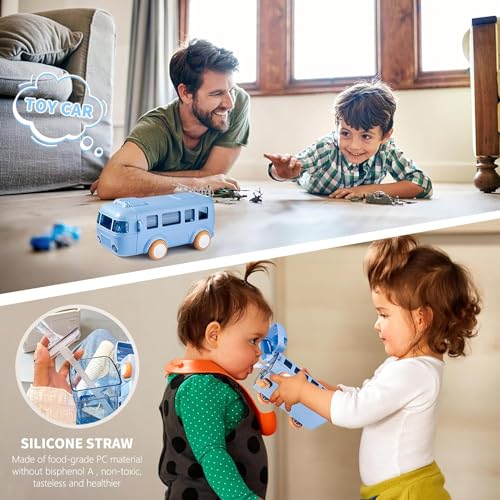 Image of PLUSPOINT Bus Shape Water Bottle for Kids Detachable Straw with Shoulder Strap Leak-Proof Cartoon Water Bottle with Wheels (Color-Blue), Silicone, 500 ML