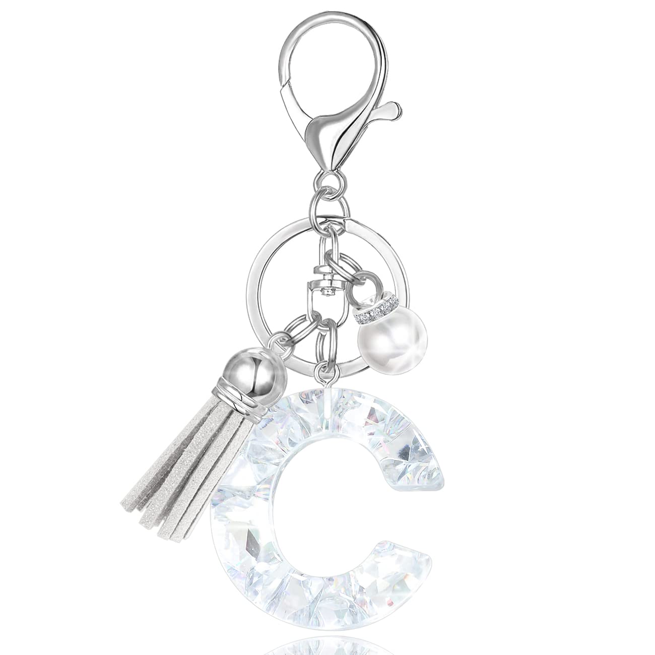 XGALBLA Women's Rhinestone Alphabet Letter Keychain Tassel, Simulated Pearls and Initial with Key Ring Bag Charm for Handbags