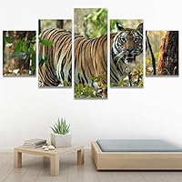 SIGNWIN 5 Panel Canvas Wall Art Modern Art Animals Dramatic Farmhouse/Country Lion Multicolor Photography Tiger for Home Decorations Ready to Hang - 60