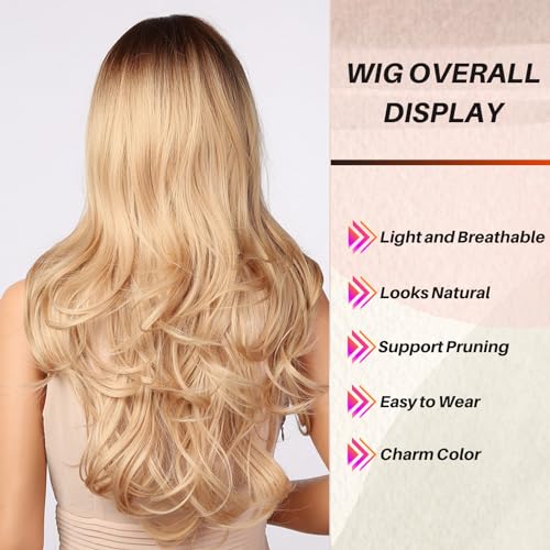 Honygebia Blonde Wig with Fringe, Long Wvay Ombre Blonde Wigs for Women Synthetic Heat Resistant Natural Looking Blond Hair - Image 4