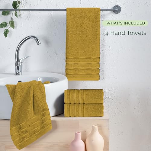 Image of Elegant Comfort 100% Turkish Cotton 4 Lines Viscose Stripe Luxury 4 Pack Hand Towel Set - Ultra Absorbent and Soft 16 x 28 Inch Premium Hotel Spa Quality Towels for Everyday Bath Use, Gold