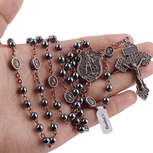 HanlinCC 6mm Hematite Black Stone Beads with Anti-Bronze Anti-Copper Saint Michael the Archangel Our Father Beads Catholic Rosary Necklace with St.Michael Medal and Pardon Crucifix with Black Velvet Gift Bag for Men and Women3