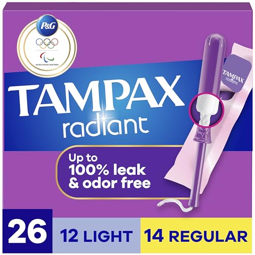Tampax Radiant Tampons Multipack, with LeakGuard Braid, Light/Regular Absorbency, Unscented, 26...