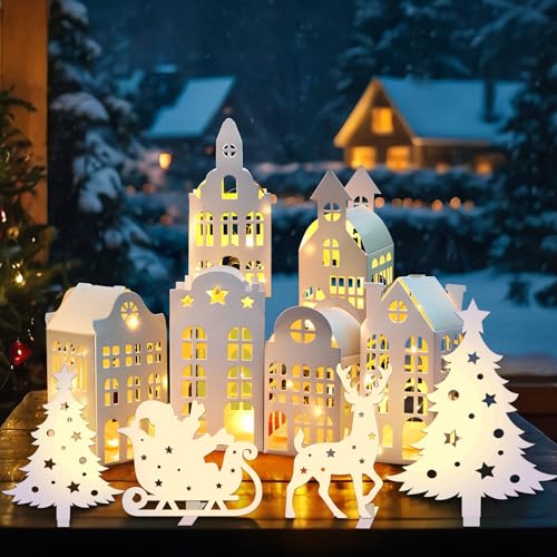 13Pcs Christmas Village Houses Decor Sets - 3D White Paper House with Trees Reindeer Sleigh Xmas Figurines Desktop Ornament Holiday Tabletop Display (Battery Not Included)