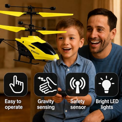 Image of KIDZYMON RC Helicopter with Hand Gravity Sensor, Flying Remote Control Helicopter Toy, Chargeble, 3D Light & Safety Sensor for Kids Age 4+ Years I Pack of 1 (Yellow Black Remote)