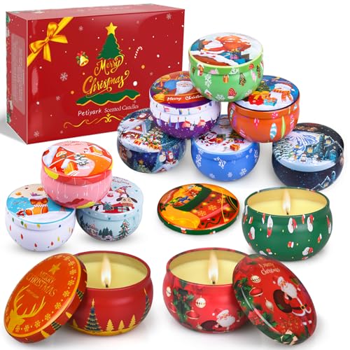 Christmas Scented Candles Gifts for Women 12 Pack Scented Candles Gift Set Natural Soy Wax Xmas Tin Jar Aromatherapy Candles for Stress Relief Ideal Christmas Gifts for Women/Men