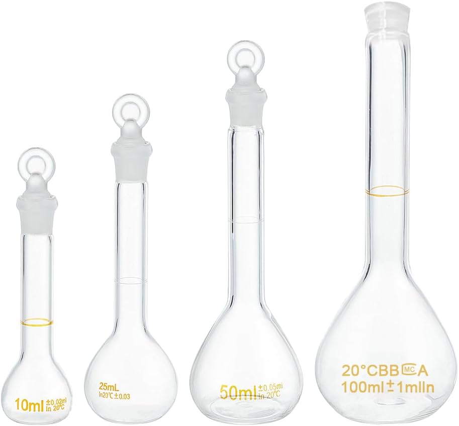 OLYCRAFT 4pcs Volumetric Flask 10ml/25ml/50ml/100ml Volumetric Flask Set with Glass Cap Durability & Chemical Resistance Glass Bottle for Laboratory Project