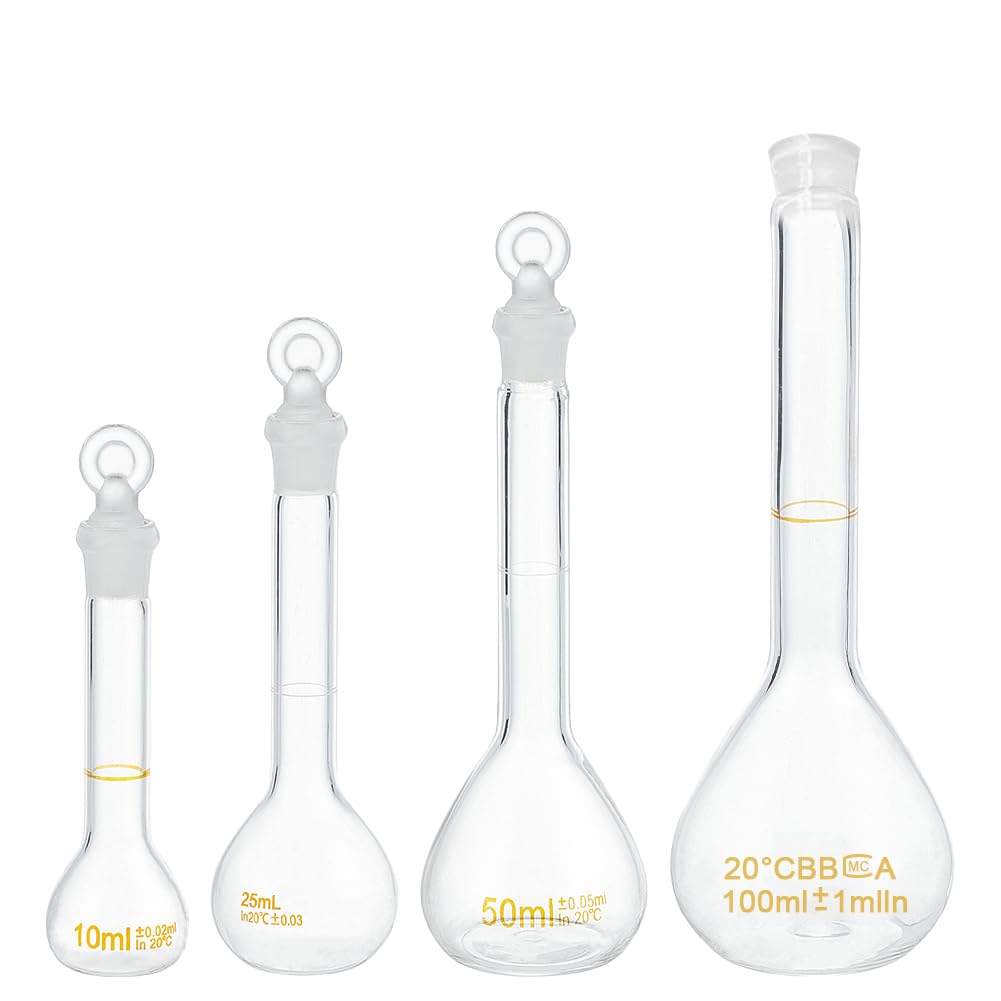 OLYCRAFT 4 boccetta tarata 10 ml/25 ml/50 ml/100 ml Set di boccetta tarata con tappo in vetro durata e resistenza chimica bottiglia di vetro per progetto scolastico di laboratorio