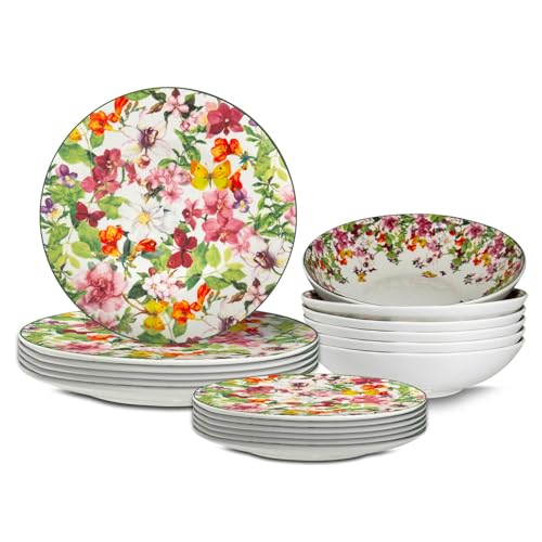 ARCA, Set 18 Piatti Coordinati Spring in Porcellana e Ceramica Decorata, Servizio per 6 Persone, con Piatti Fondi, Piani e da Dessert