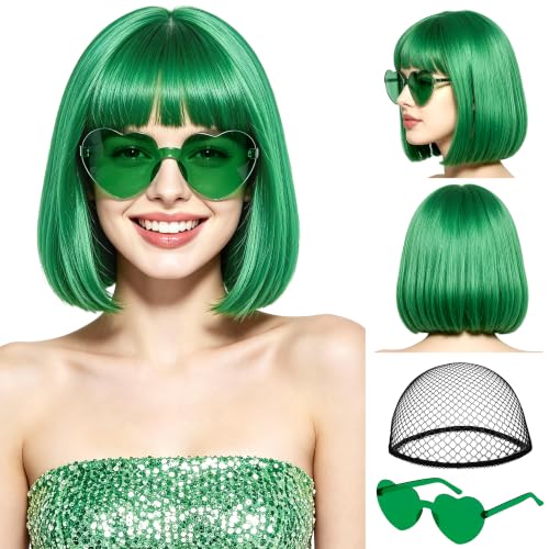 Lavwix Green Short Bob Straight Hair Wigs with Bangs 11inch Synthetic Fiber Colorful Hair Neon Heart-shaped Sunglasses and Wig Cap for Women 80s 90s Costume Halloween Dress Up