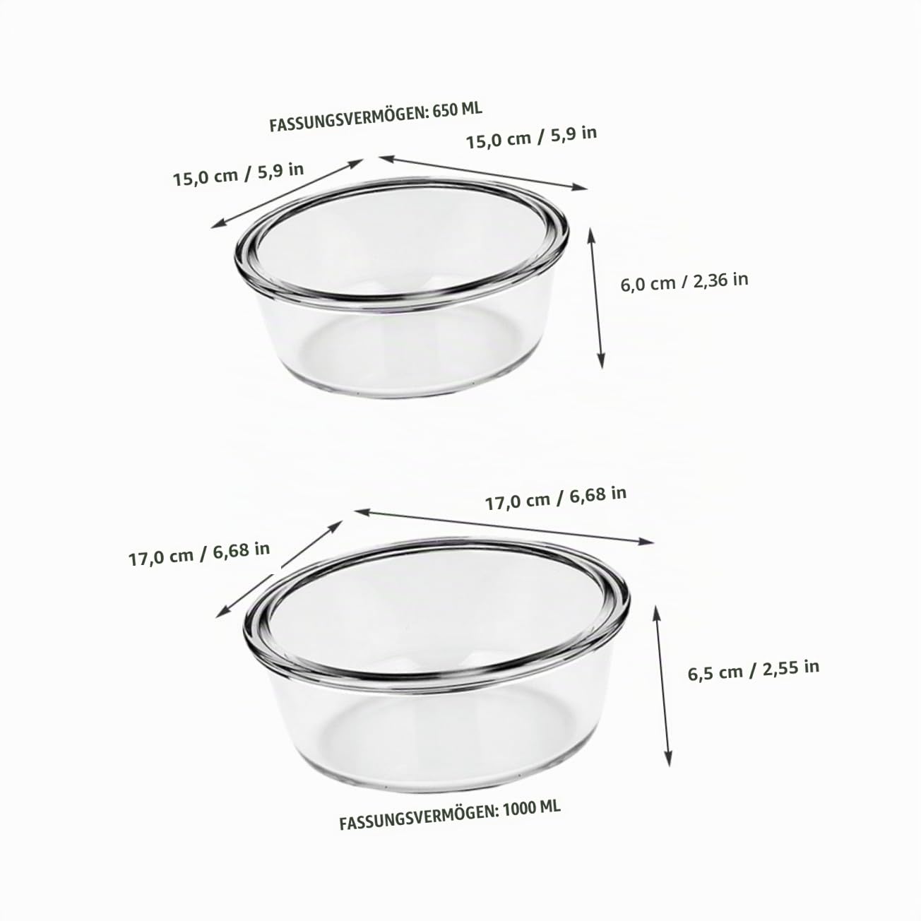 2 Stück Hitzebeständige Glas Schüsseln Spülmaschinenfest Vielseitige Salat und Dessertschalen Geeignet für Ofen und Heißluftfritteuse Lebensmittelecht Runde Auflaufformen